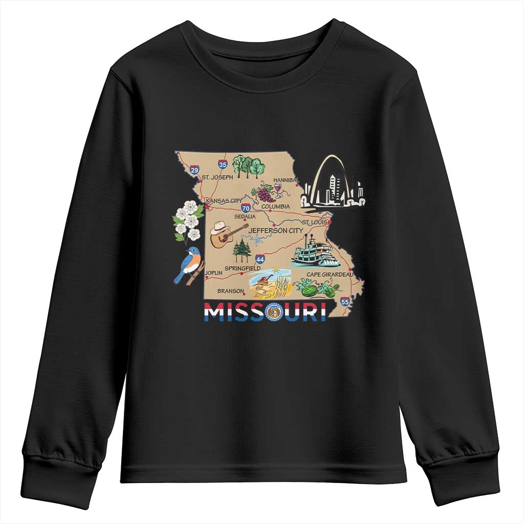 Missouri Map Landmarks Major Cities Roads Flag Youth Sweatshirt TS14 Black Print Your Wear