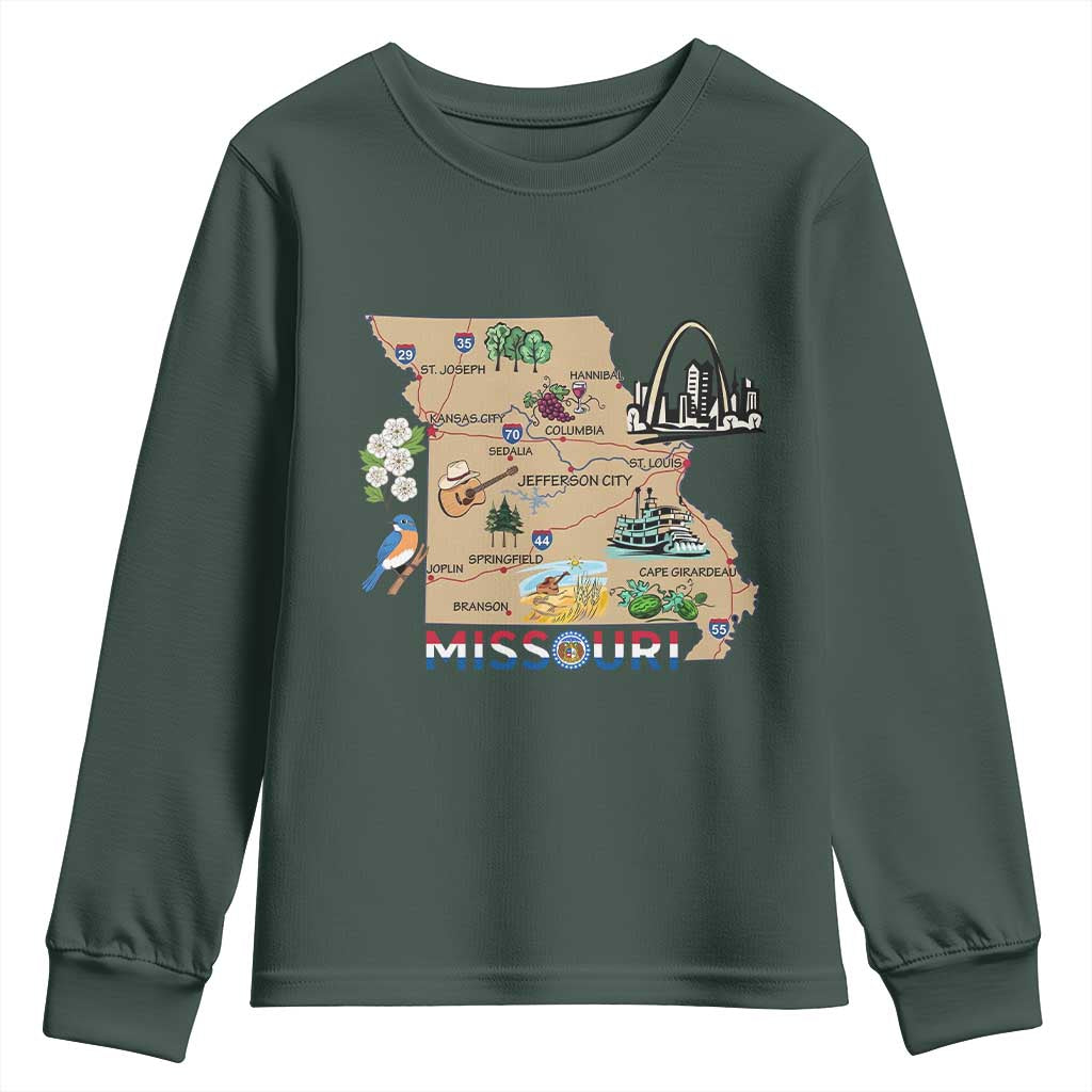 Missouri Map Landmarks Major Cities Roads Flag Youth Sweatshirt