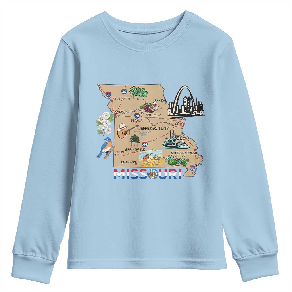 Missouri Map Landmarks Major Cities Roads Flag Youth Sweatshirt