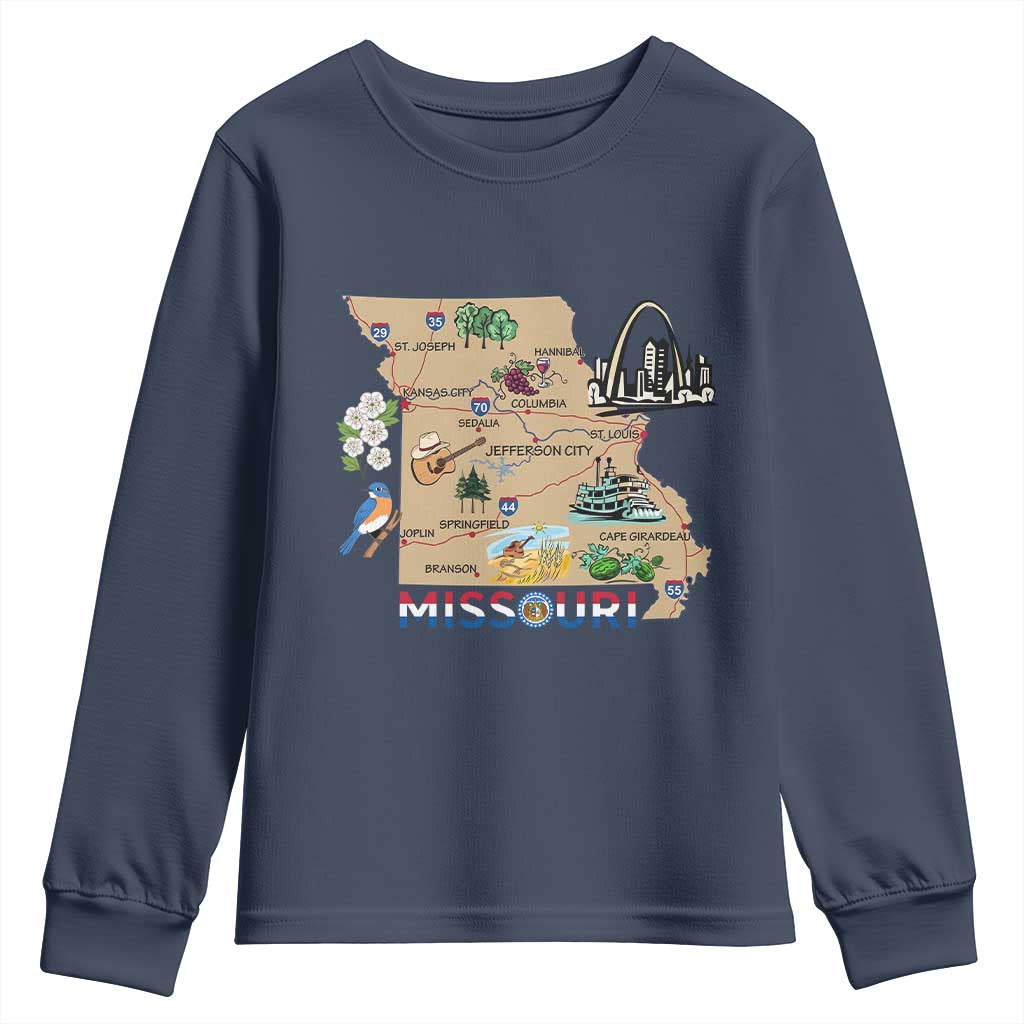 Missouri Map Landmarks Major Cities Roads Flag Youth Sweatshirt