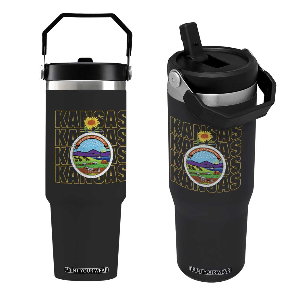 Retro Kansas Flag Vintage KS Souvenir Flip Straw Tumbler TS14 One Size: 30 oz Black Print Your Wear