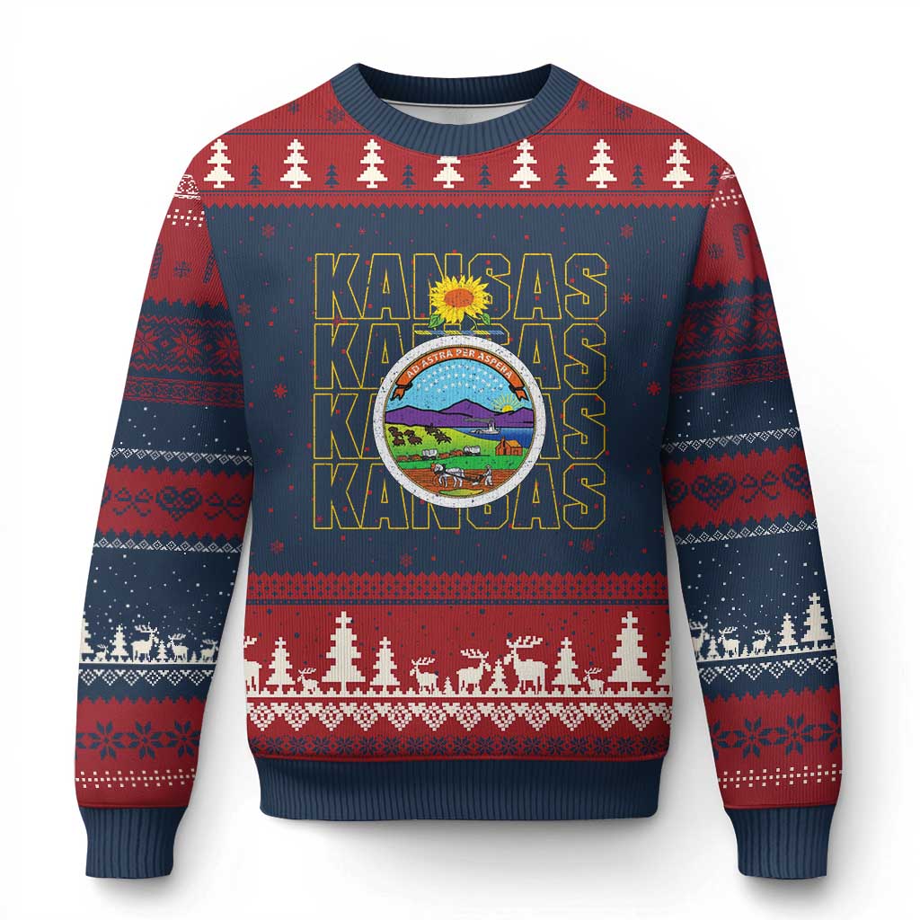 Retro Kansas Flag Vintage KS Souvenir Ugly Christmas Sweater TS14 Navy Red Print Your Wear