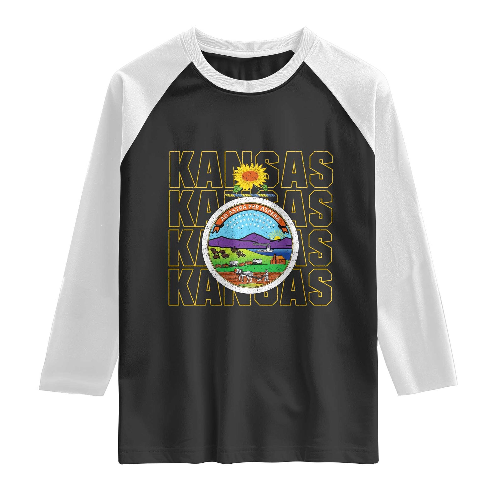 Retro Kansas Flag Vintage KS Souvenir Raglan Shirt TS14 Black White Print Your Wear