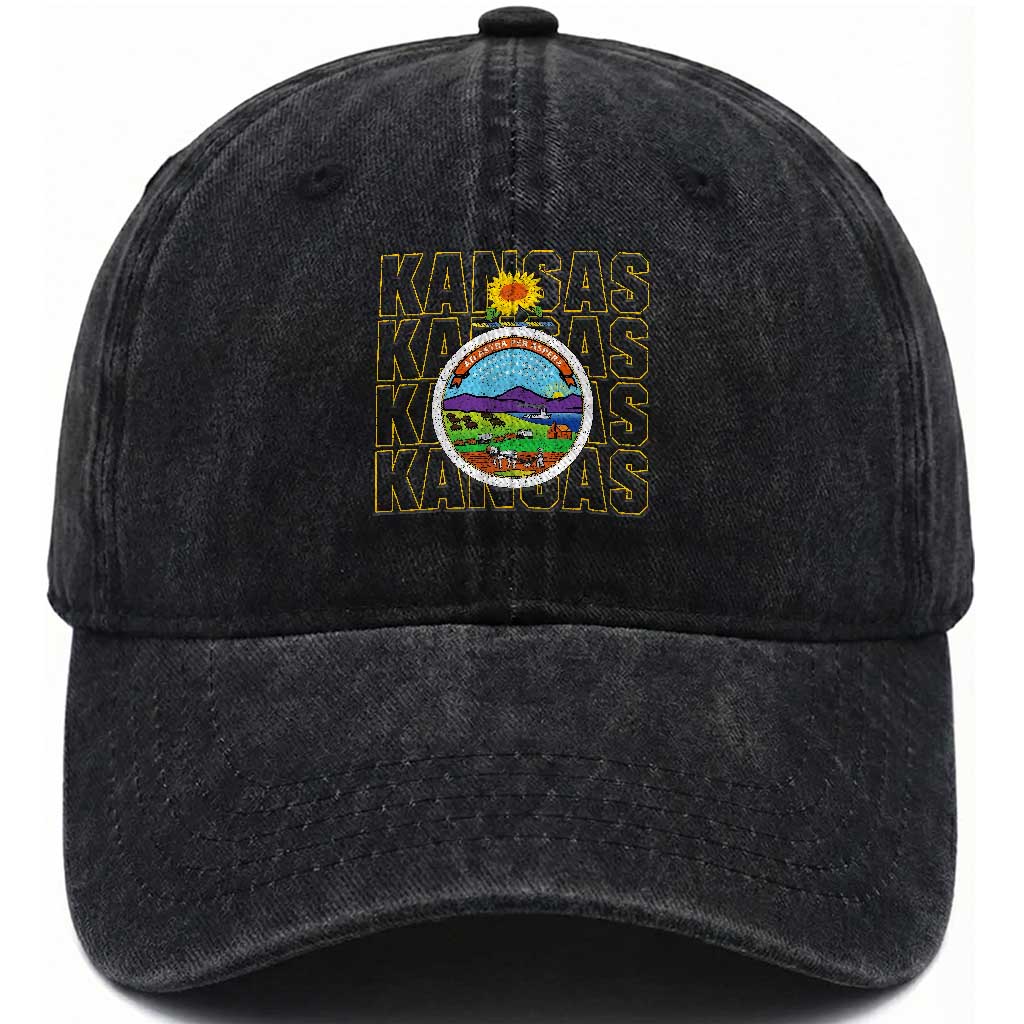Retro Kansas Flag Vintage KS Souvenir Washed Cotton Baseball Cap TS14 Print Your Wear