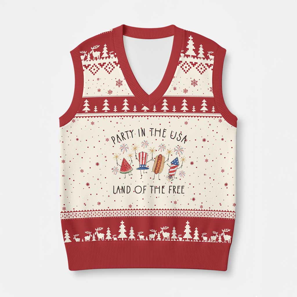Patriotic Doodle V-Neck Knit Sweater Vest Watermelon Hotdog Firework Cute Fourth of July TS14 Beige Red Print Your Wear
