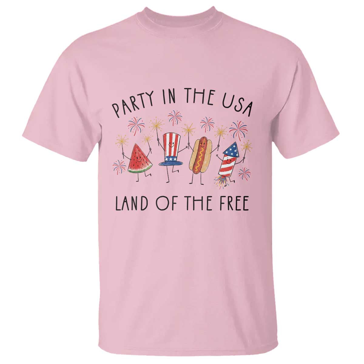 Patriotic Doodle T Shirt Watermelon Hotdog Firework Cute Fourth of July TS14 Light Pink Print Your Wear