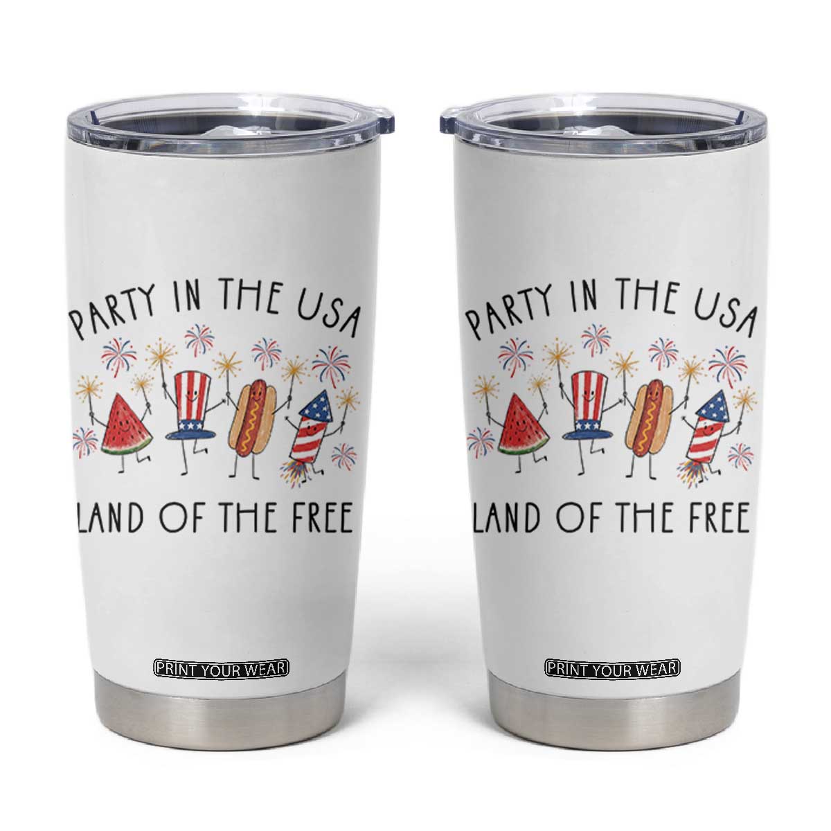 Patriotic Doodle Tumbler Cup Watermelon Hotdog Firework Cute Fourth of July