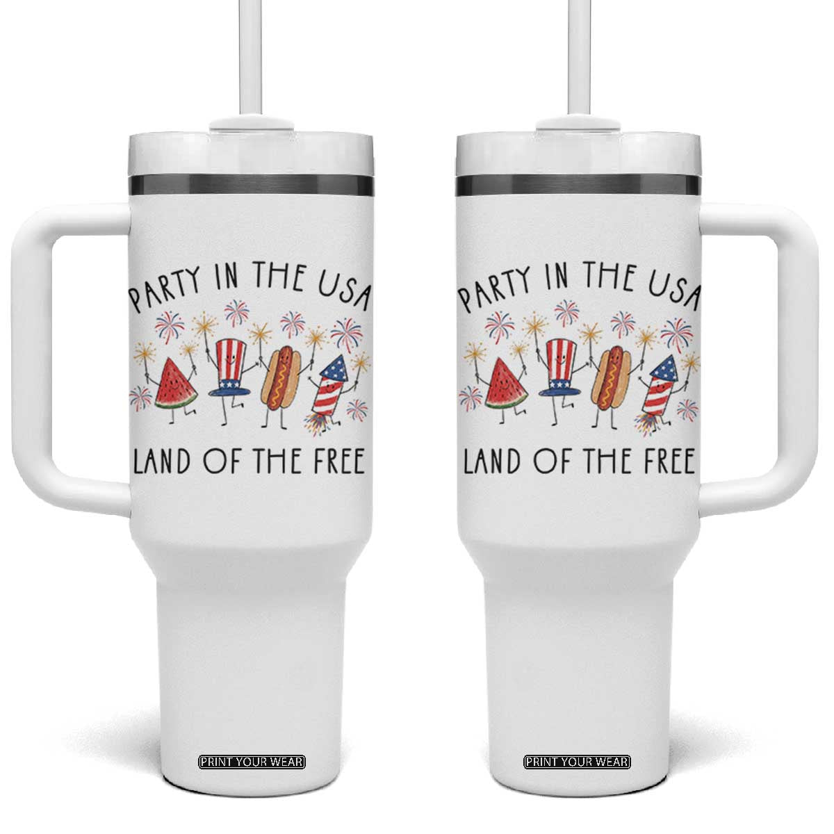 Patriotic Doodle Tumbler With Handle Watermelon Hotdog Firework Cute Fourth of July TS14 One Size: 40 oz White Print Your Wear