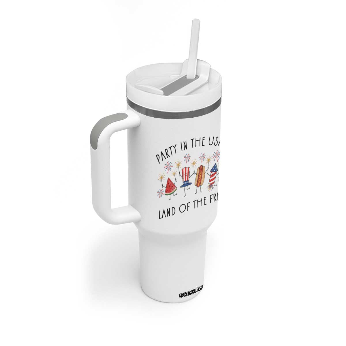 Patriotic Doodle Tumbler With Handle Watermelon Hotdog Firework Cute Fourth of July TS14 Print Your Wear