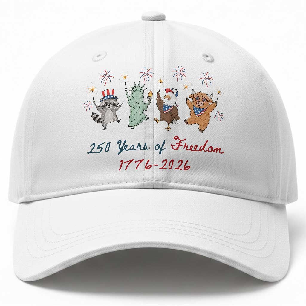 250 Years Of Freedom Baseball Cap Patriotic Doodle America Raccoon Goose Highland Cow 4th of July