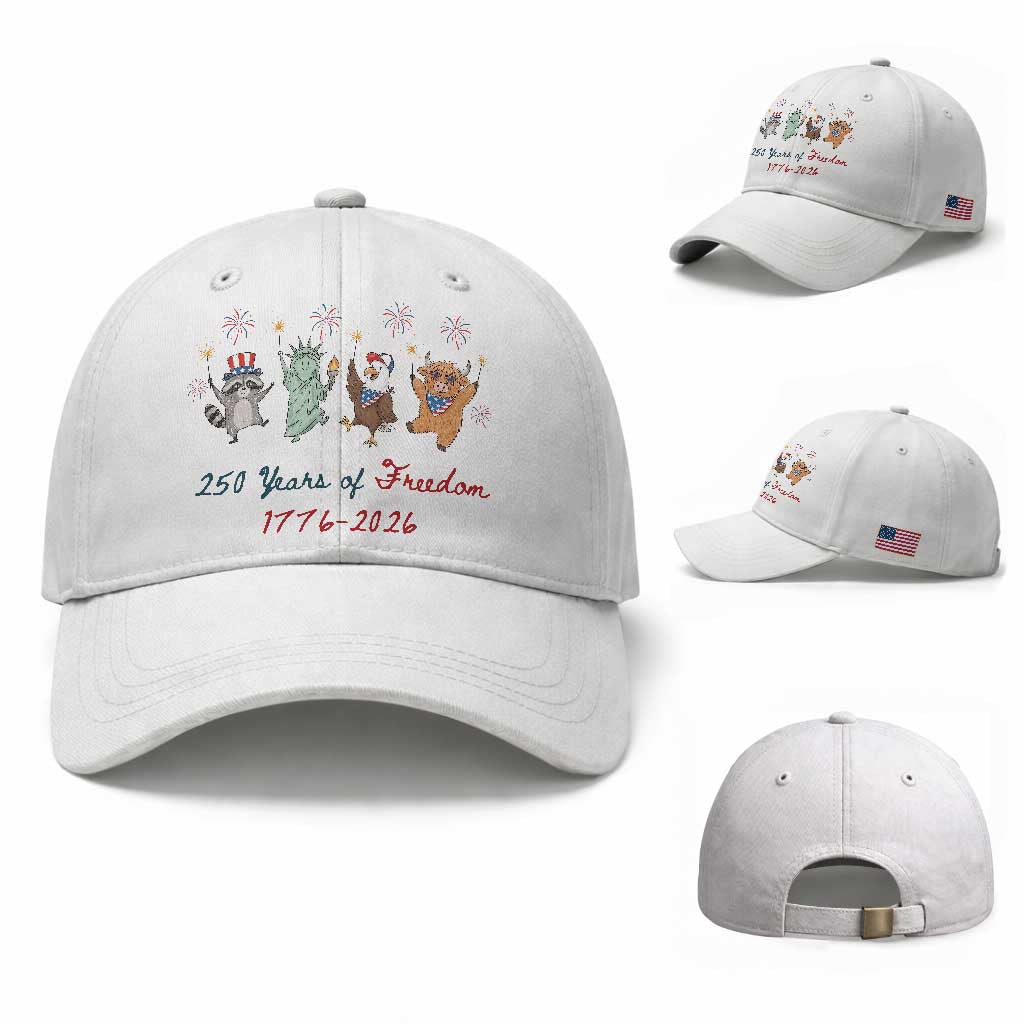 250 Years Of Freedom Baseball Cap Patriotic Doodle America Raccoon Goose Highland Cow 4th of July