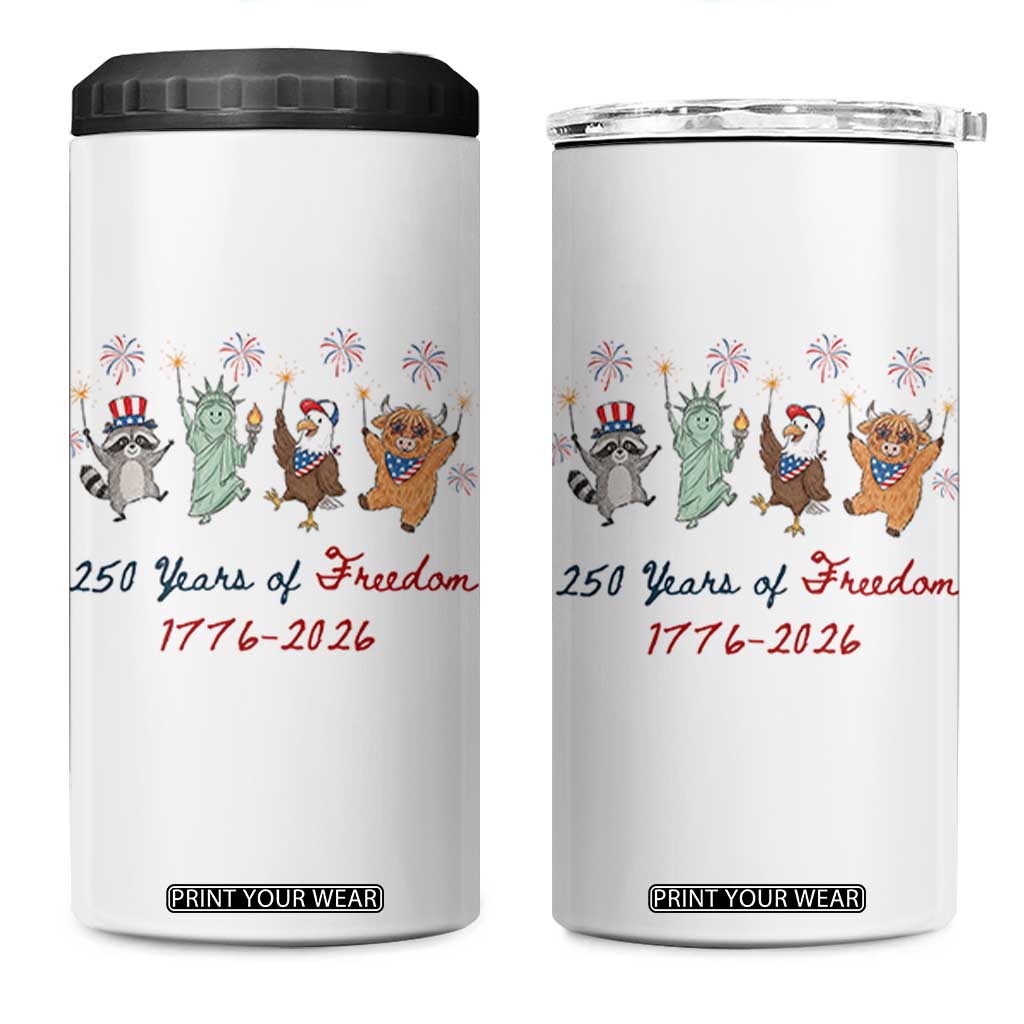 250 Years Of Freedom 4 in 1 Can Cooler Tumbler Patriotic Doodle America Raccoon Goose Highland Cow 4th of July TS14 One Size: 16 oz White Print Your Wear