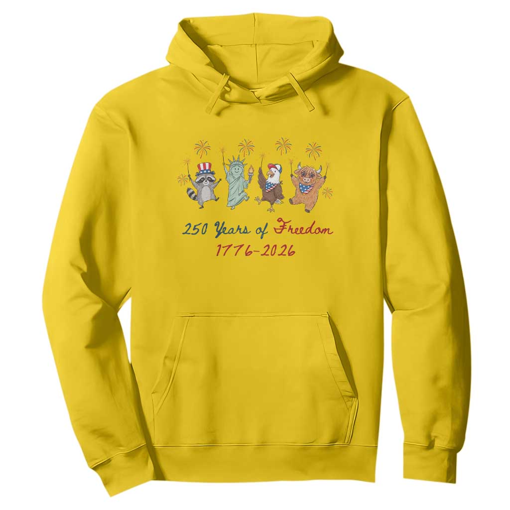 250 Years Of Freedom Hoodie Patriotic Doodle America Raccoon Goose Highland Cow 4th of July