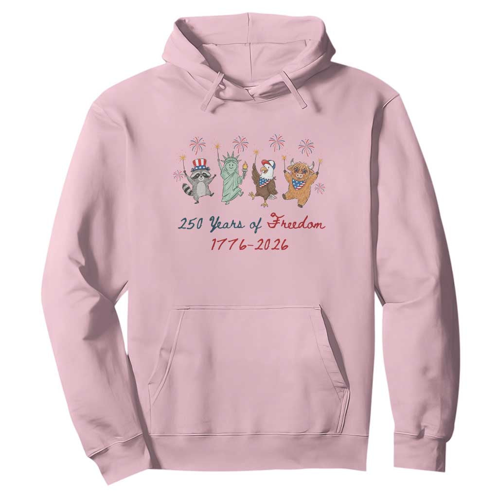 250 Years Of Freedom Hoodie Patriotic Doodle America Raccoon Goose Highland Cow 4th of July