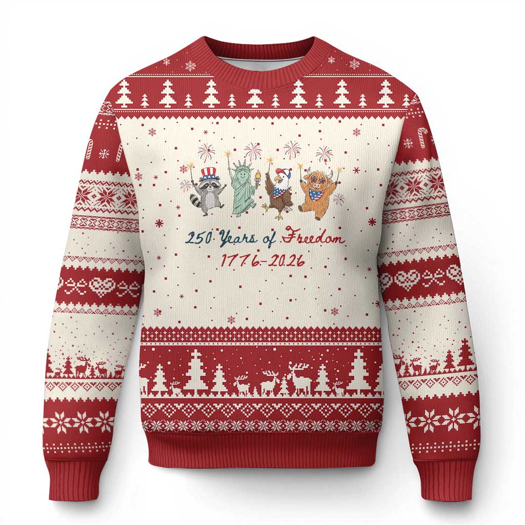250 Years Of Freedom Ugly Christmas Sweater Patriotic Doodle America Raccoon Goose Highland Cow 4th of July