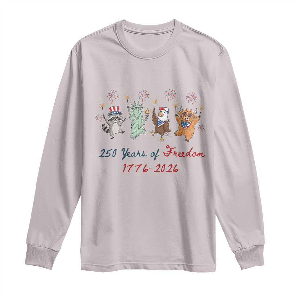 250 Years Of Freedom Long Sleeve Shirt Patriotic Doodle America Raccoon Goose Highland Cow 4th of July