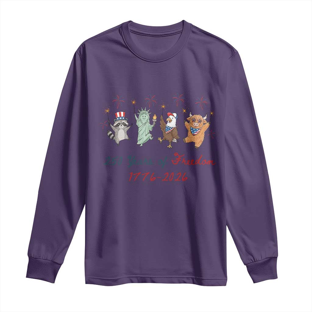 250 Years Of Freedom Long Sleeve Shirt Patriotic Doodle America Raccoon Goose Highland Cow 4th of July