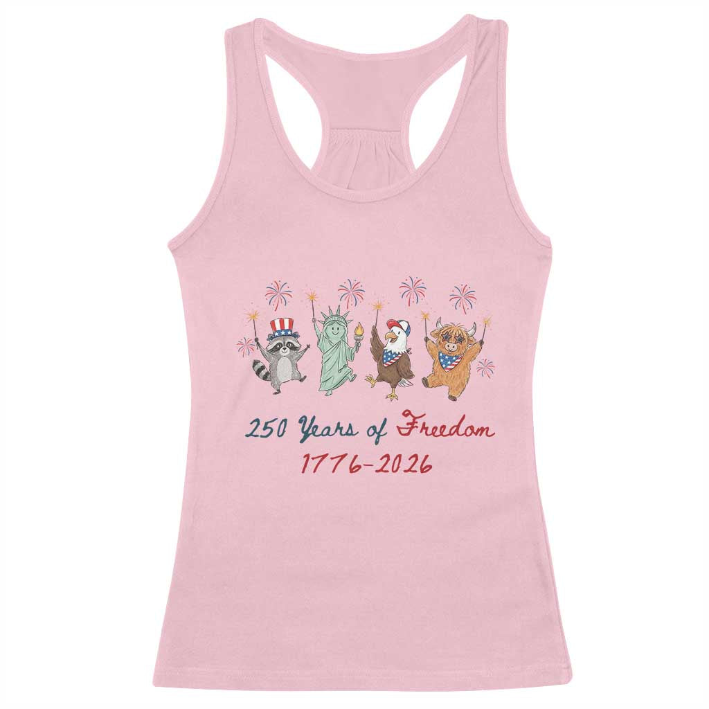 250 Years Of Freedom Racerback Tank Top Patriotic Doodle America Raccoon Goose Highland Cow 4th of July