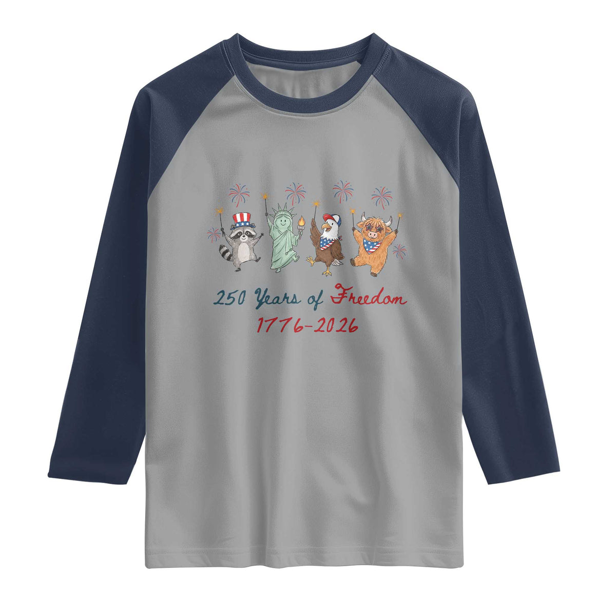 250 Years Of Freedom Raglan Shirt Patriotic Doodle America Raccoon Goose Highland Cow 4th of July