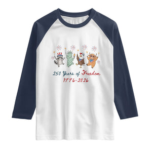 250 Years Of Freedom Raglan Shirt Patriotic Doodle America Raccoon Goose Highland Cow 4th of July