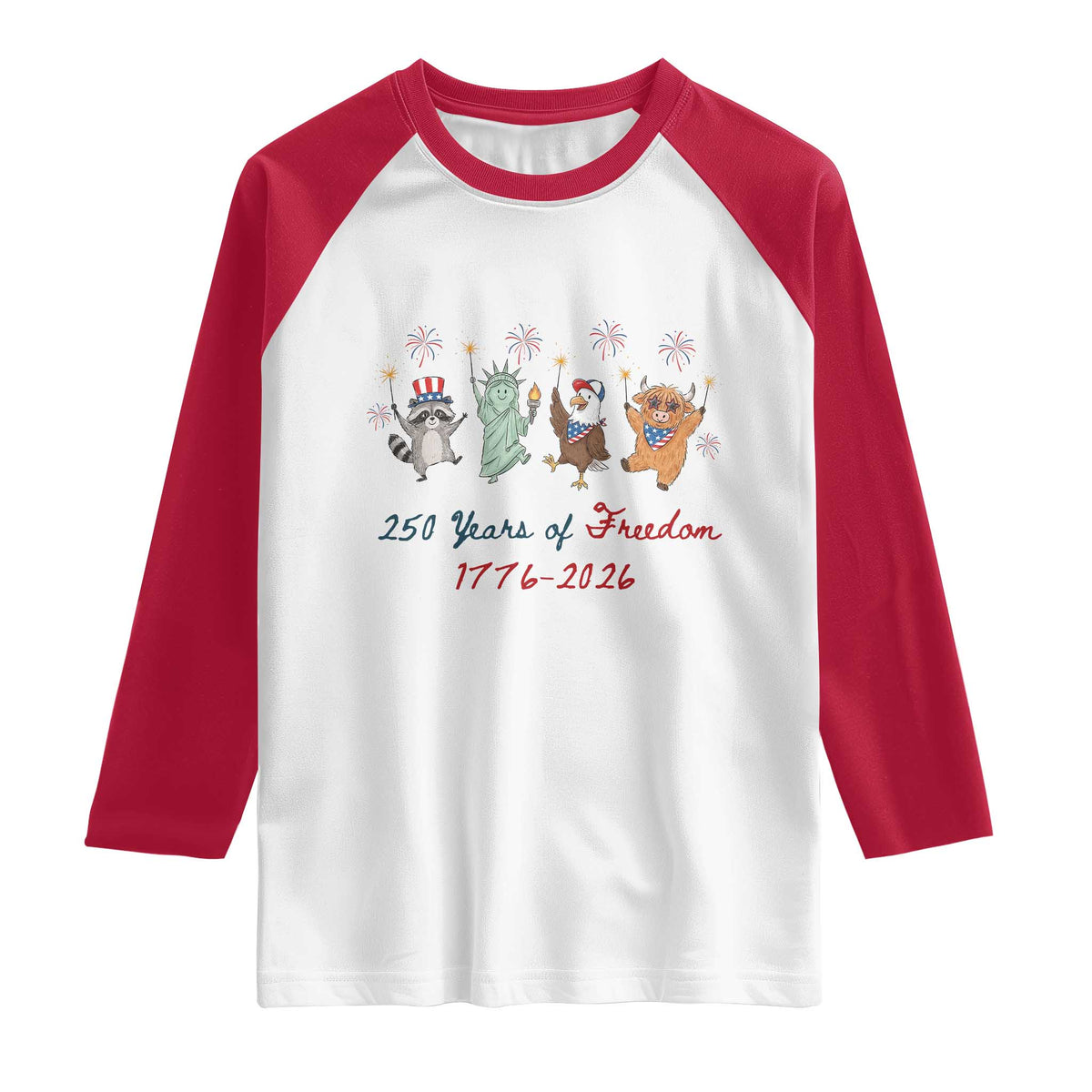 250 Years Of Freedom Raglan Shirt Patriotic Doodle America Raccoon Goose Highland Cow 4th of July