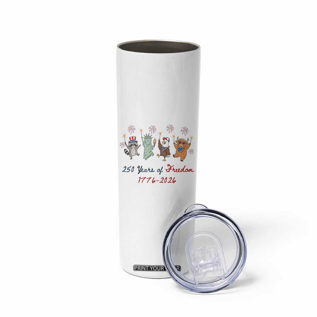 250 Years Of Freedom Skinny Tumbler Patriotic Doodle America Raccoon Goose Highland Cow 4th of July TS14 Print Your Wear