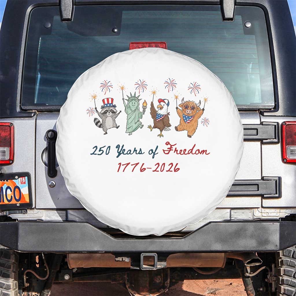 250 Years Of Freedom Spare Tire Cover Patriotic Doodle America Raccoon Goose Highland Cow 4th of July TS14 No hole White Print Your Wear