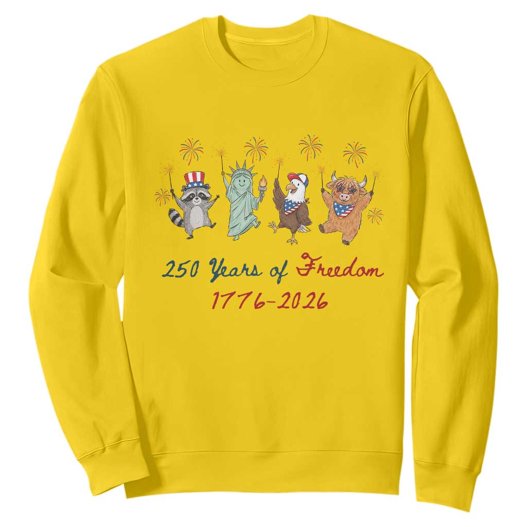250 Years Of Freedom Sweatshirt Patriotic Doodle America Raccoon Goose Highland Cow 4th of July