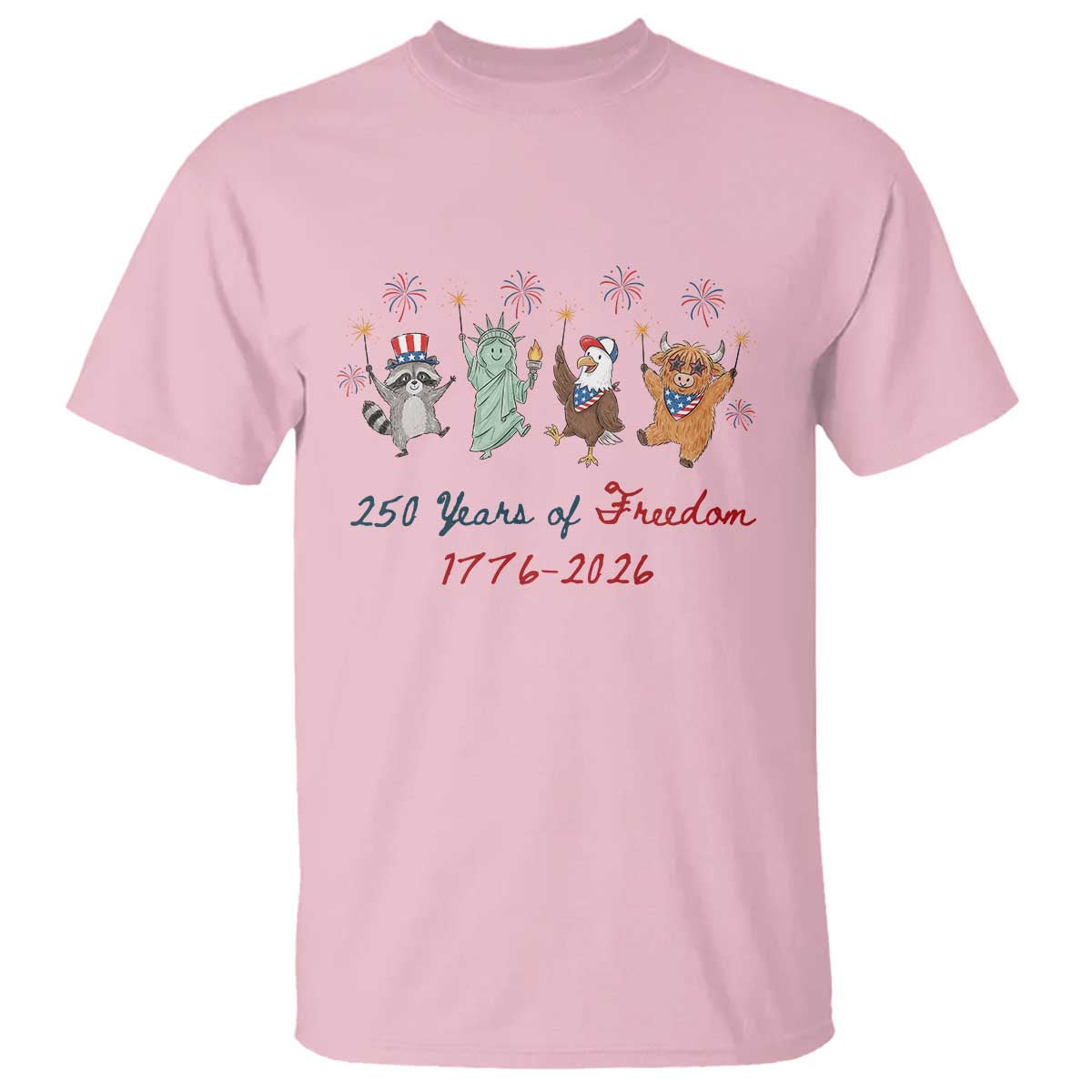 250 Years Of Freedom T Shirt Patriotic Doodle America Raccoon Goose Highland Cow 4th of July