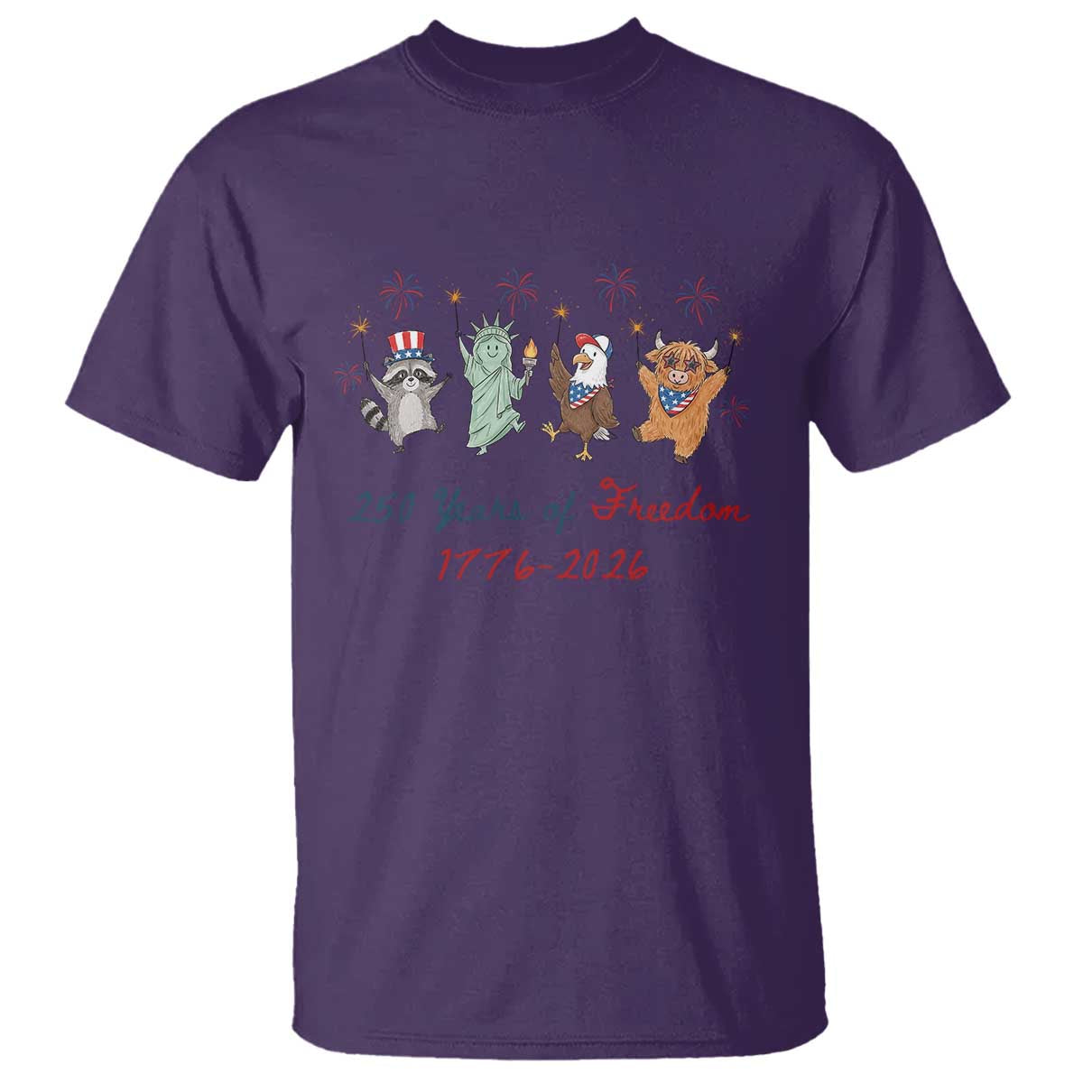 250 Years Of Freedom T Shirt Patriotic Doodle America Raccoon Goose Highland Cow 4th of July