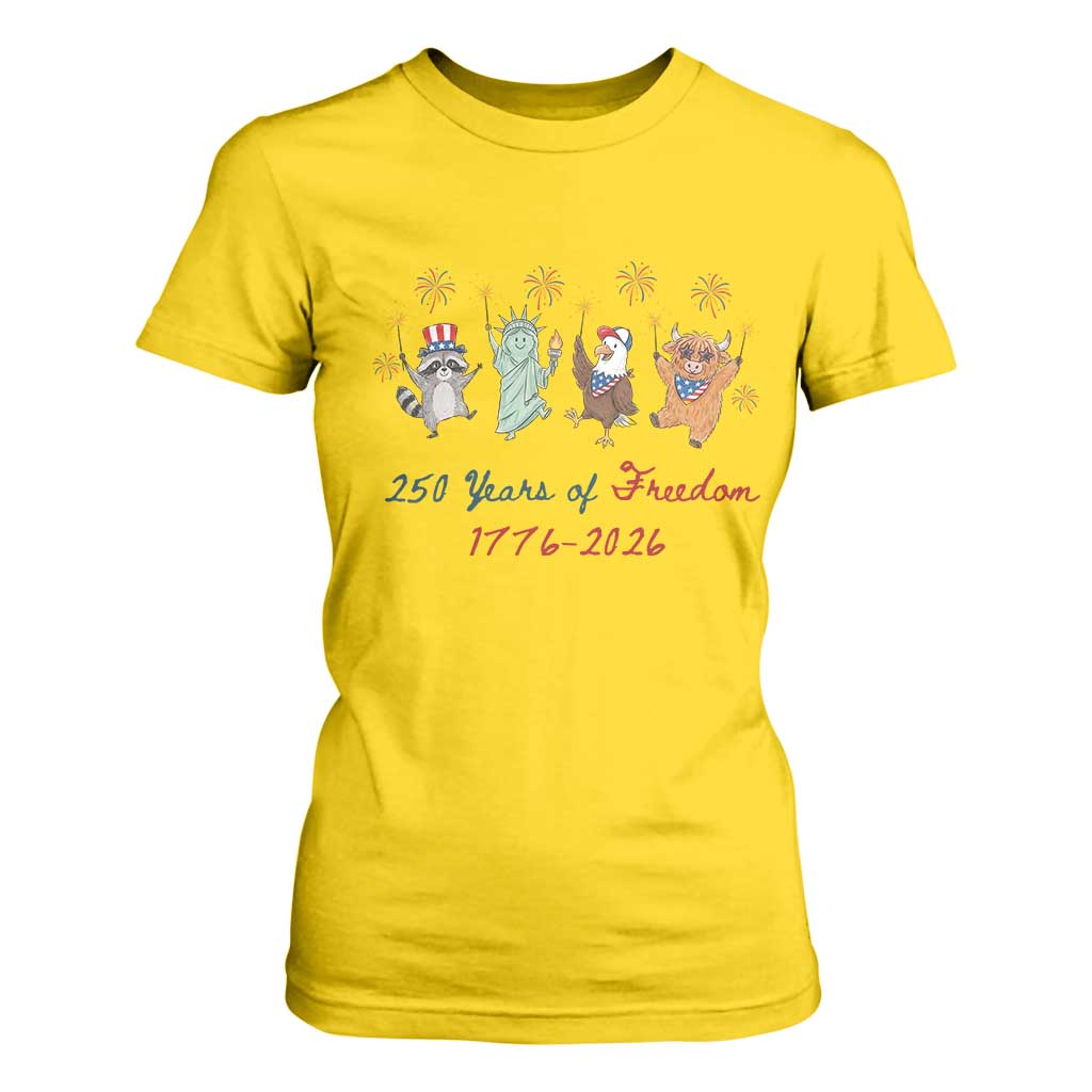 250 Years Of Freedom T Shirt For Women Patriotic Doodle America Raccoon Goose Highland Cow 4th of July TS14 Daisy Print Your Wear