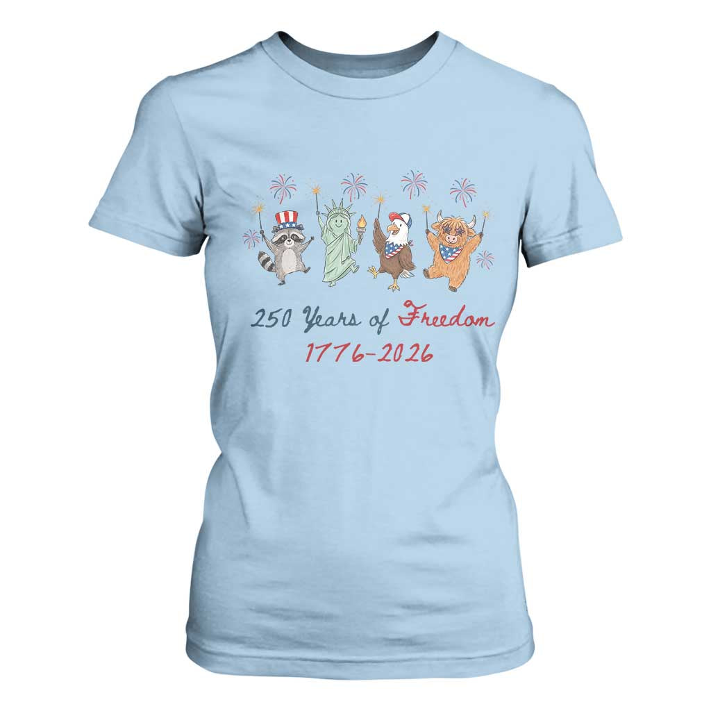 250 Years Of Freedom T Shirt For Women Patriotic Doodle America Raccoon Goose Highland Cow 4th of July TS14 Light Blue Print Your Wear