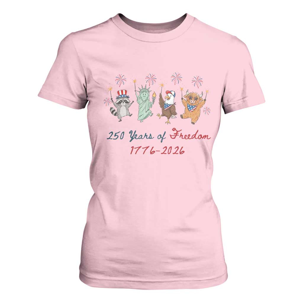 250 Years Of Freedom T Shirt For Women Patriotic Doodle America Raccoon Goose Highland Cow 4th of July TS14 Light Pink Print Your Wear