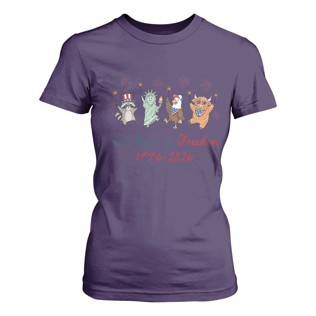 250 Years Of Freedom T Shirt For Women Patriotic Doodle America Raccoon Goose Highland Cow 4th of July TS14 Purple Print Your Wear