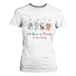 250 Years Of Freedom T Shirt For Women Patriotic Doodle America Raccoon Goose Highland Cow 4th of July TS14 White Print Your Wear