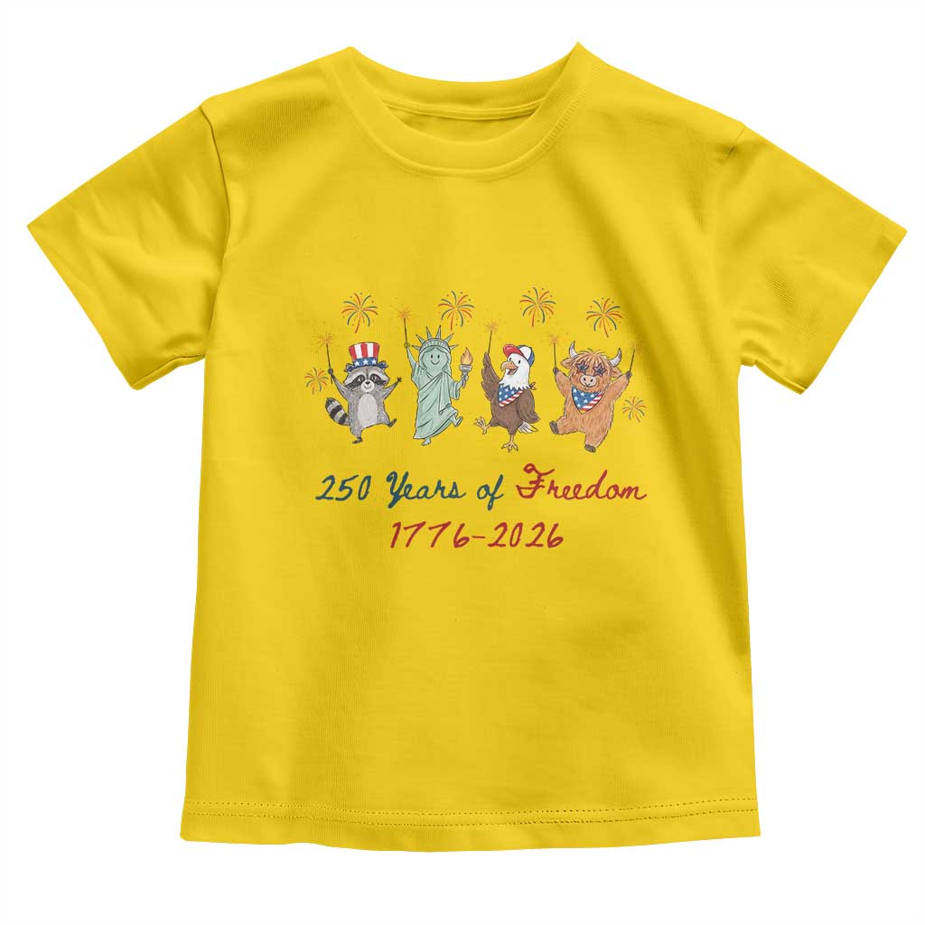 250 Years Of Freedom Toddler T Shirt Patriotic Doodle America Raccoon Goose Highland Cow 4th of July TS14 Daisy Print Your Wear