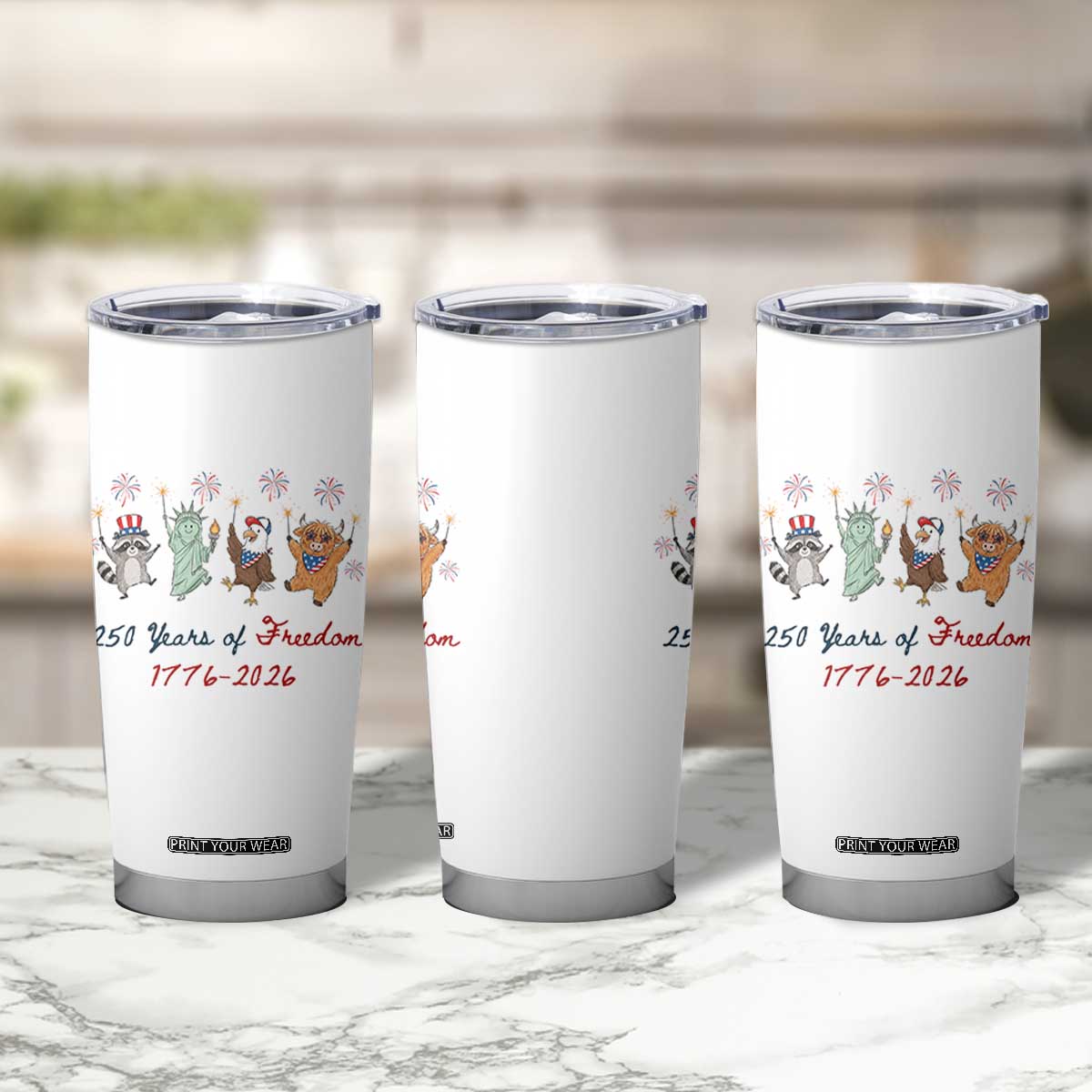 250 Years Of Freedom Tumbler Cup Patriotic Doodle America Raccoon Goose Highland Cow 4th of July TS14 Print Your Wear