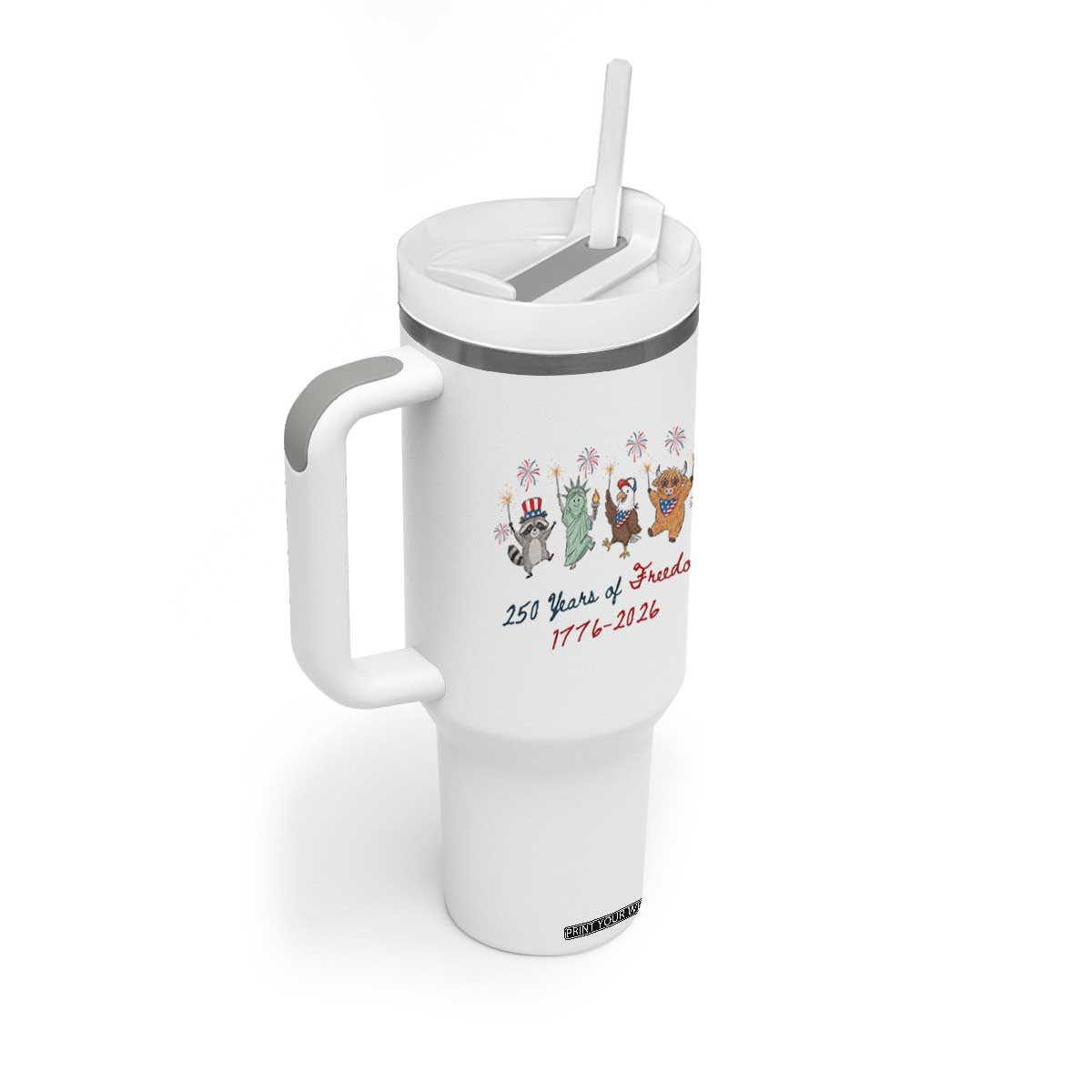 250 Years Of Freedom Tumbler With Handle Patriotic Doodle America Raccoon Goose Highland Cow 4th of July TS14 Print Your Wear