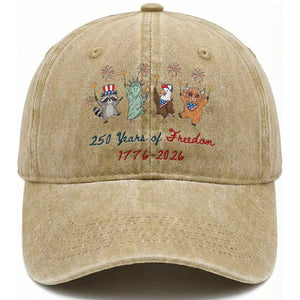 250 Years Of Freedom Washed Cotton Baseball Cap Patriotic Doodle America Raccoon Goose Highland Cow 4th of July