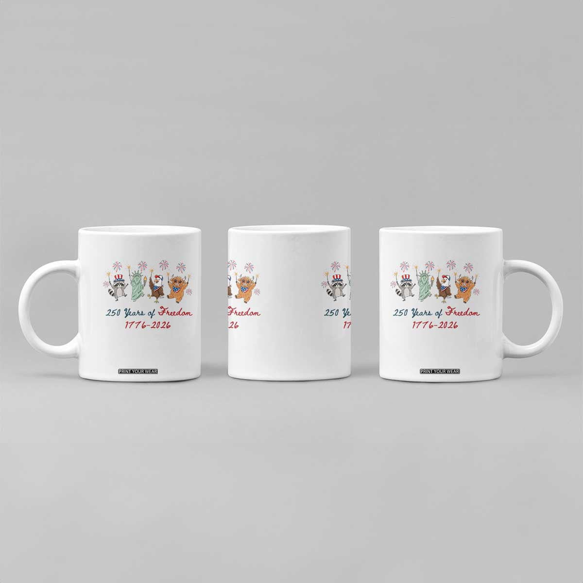 250 Years Of Freedom Coffee Mug Patriotic Doodle America Raccoon Goose Highland Cow 4th of July TS14 Print Your Wear