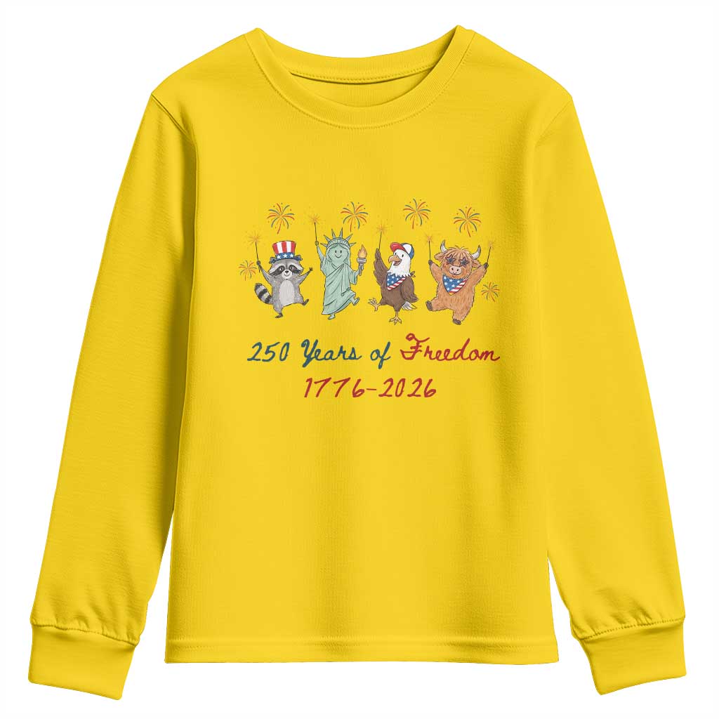 250 Years Of Freedom Youth Sweatshirt Patriotic Doodle America Raccoon Goose Highland Cow 4th of July