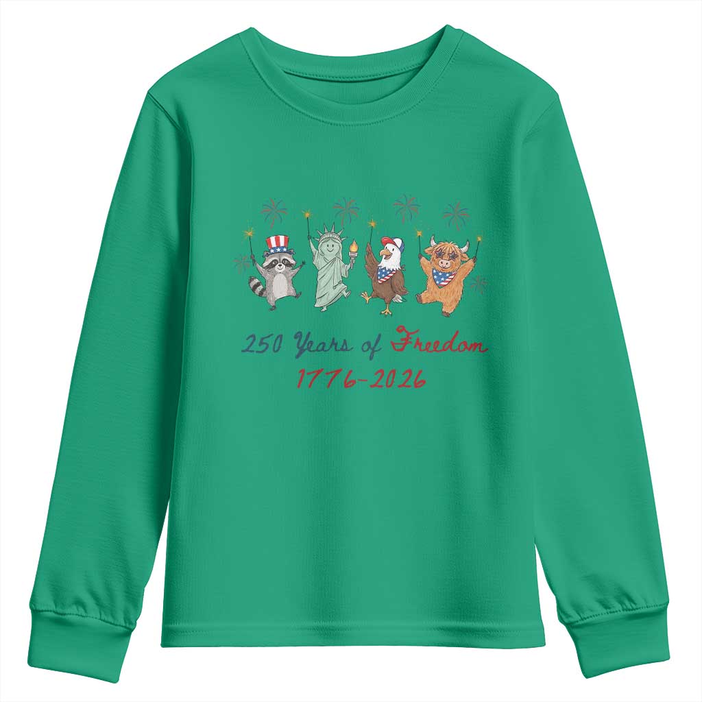 250 Years Of Freedom Youth Sweatshirt Patriotic Doodle America Raccoon Goose Highland Cow 4th of July