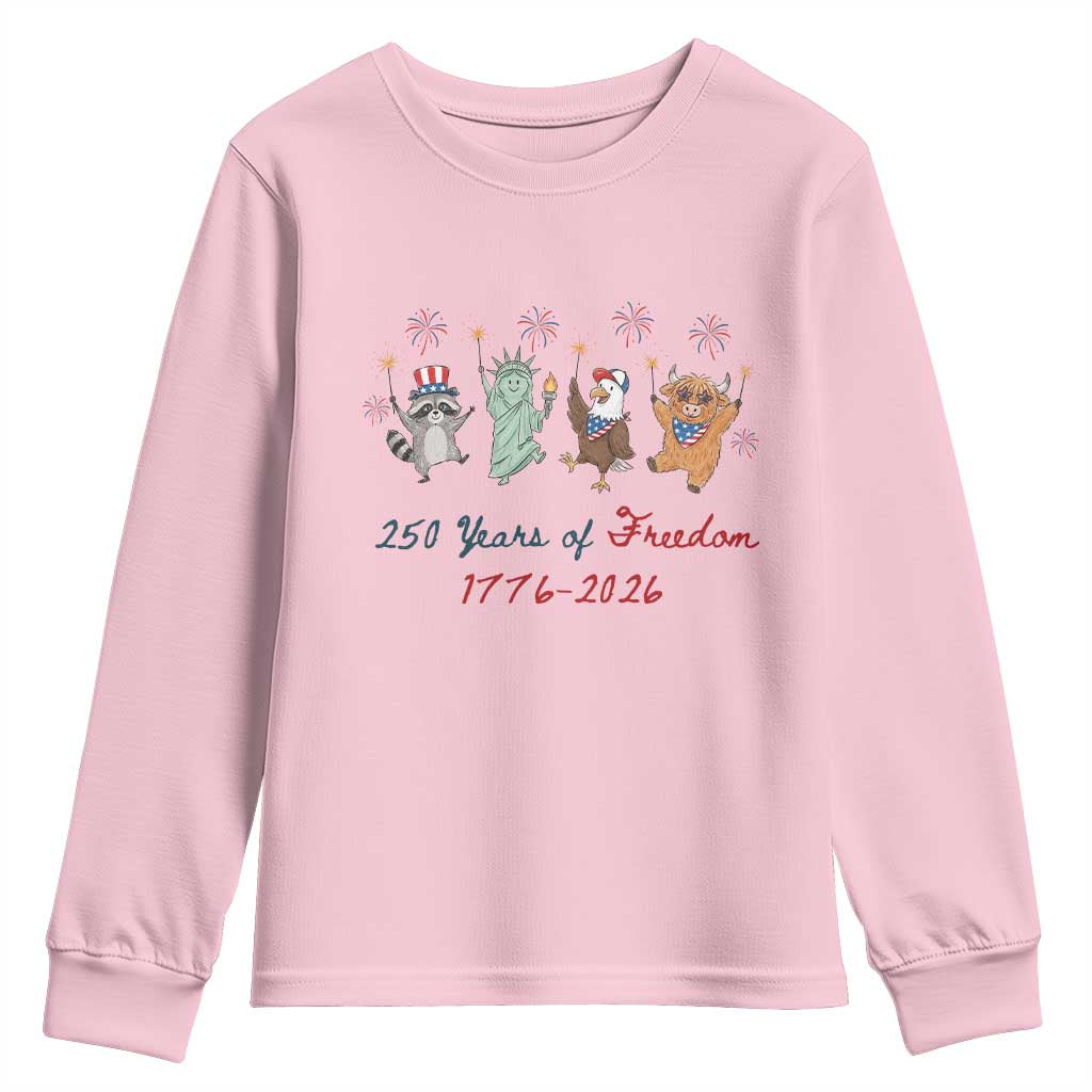 250 Years Of Freedom Youth Sweatshirt Patriotic Doodle America Raccoon Goose Highland Cow 4th of July