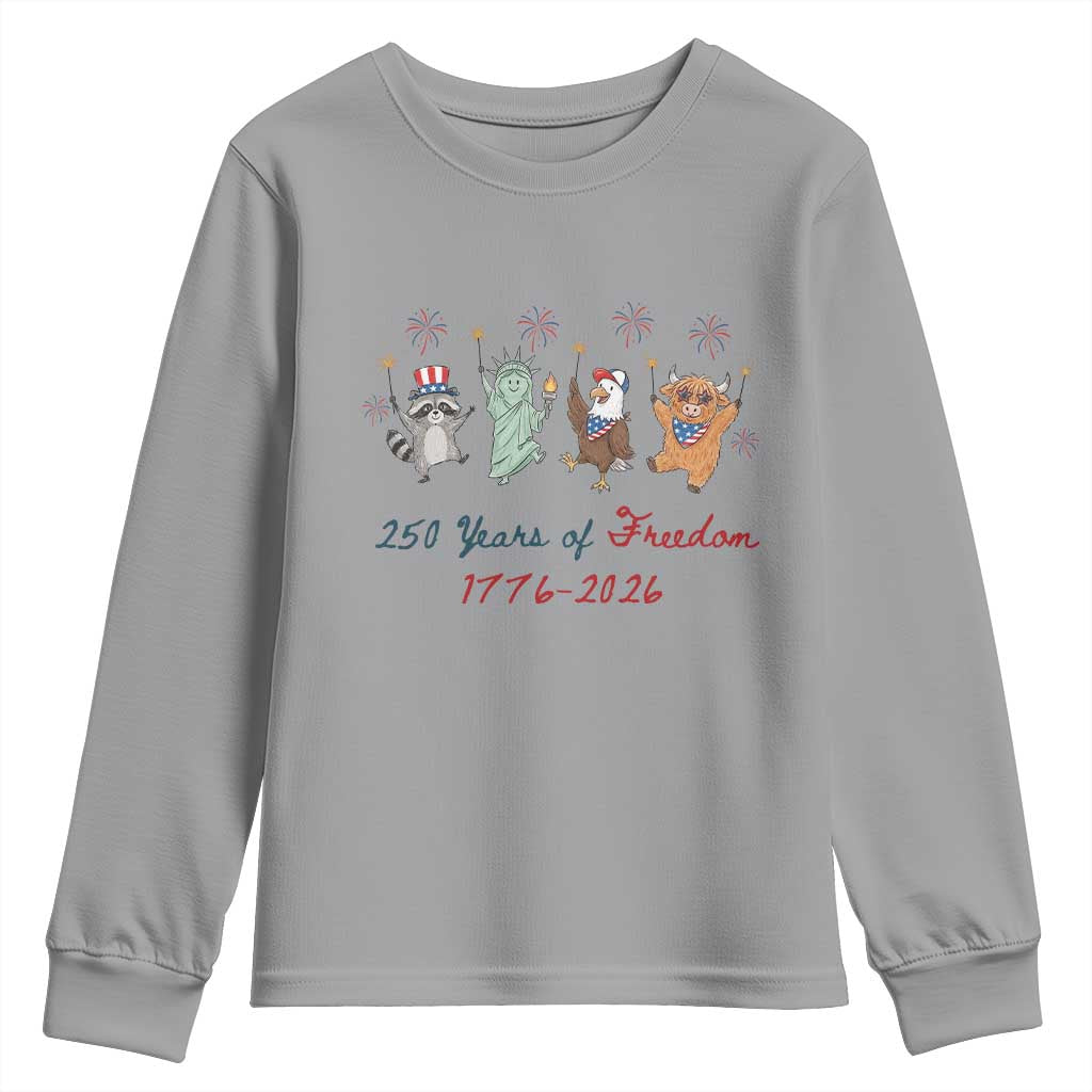 250 Years Of Freedom Youth Sweatshirt Patriotic Doodle America Raccoon Goose Highland Cow 4th of July