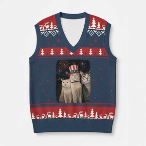 Patriotic Smoking Cat V-Neck Knit Sweater Vest Funny American Cat Lover 4th of July