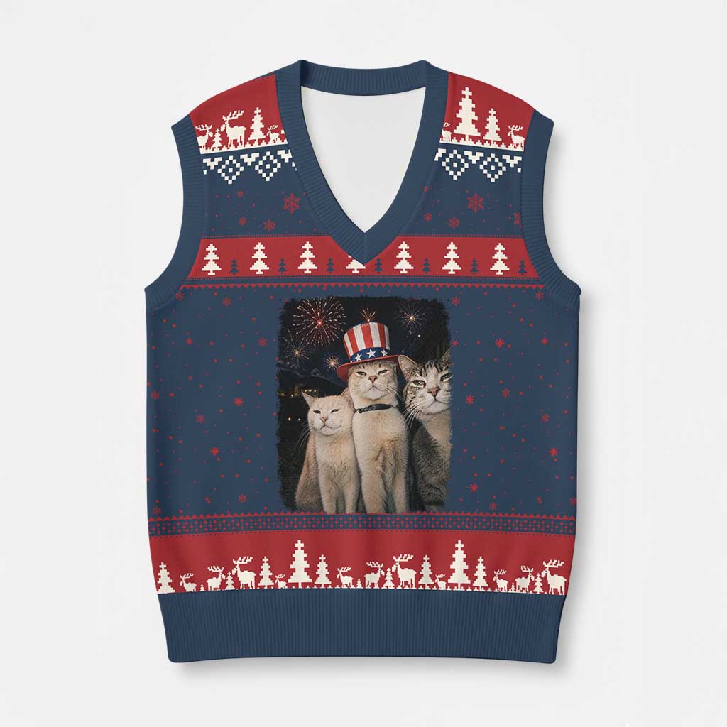 Patriotic Smoking Cat V-Neck Knit Sweater Vest Funny American Cat Lover 4th of July TS14 Navy Red Print Your Wear