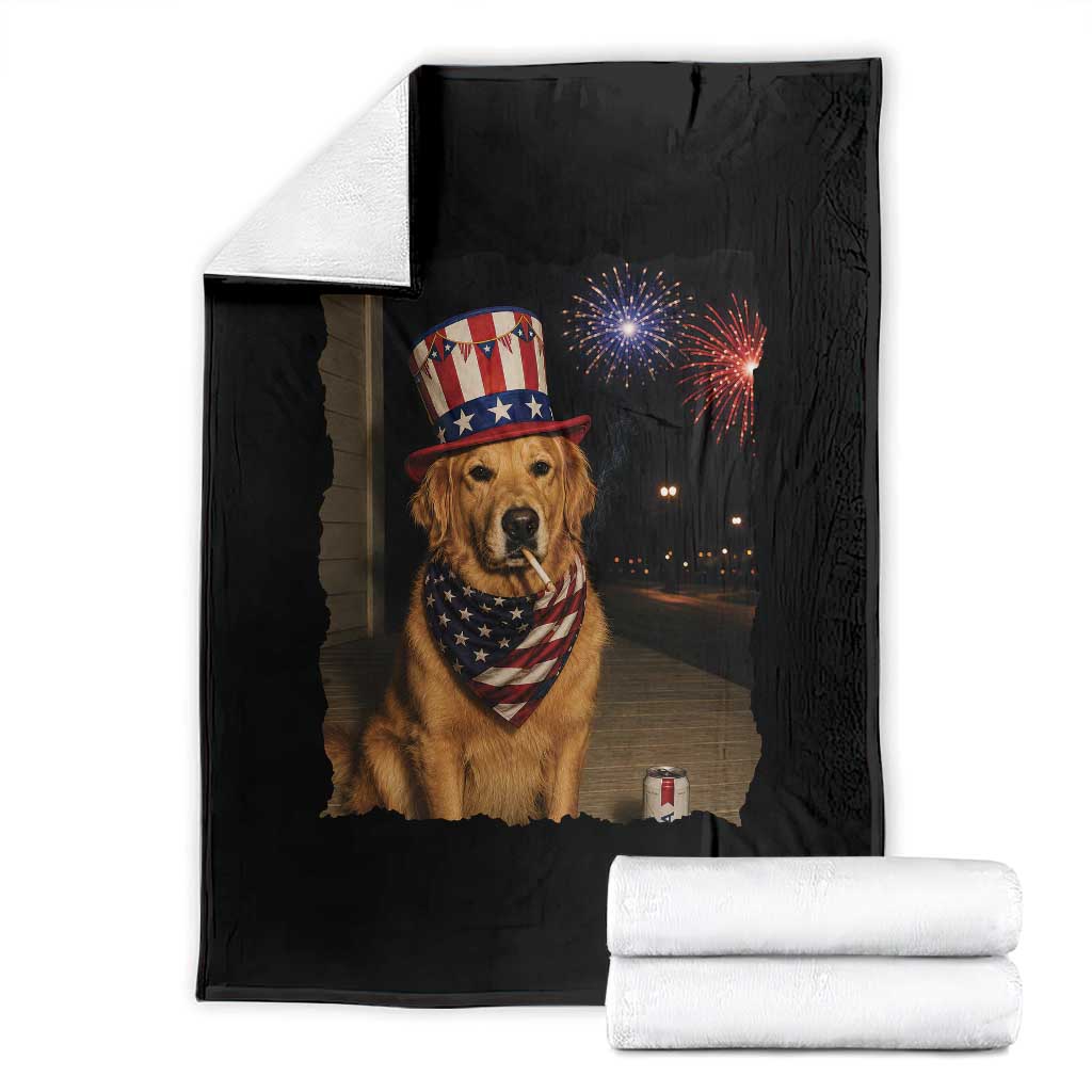 Patriotic Smoking Golden Retriever Throw Blanket Funny Dog Lover Dad 4th Of July