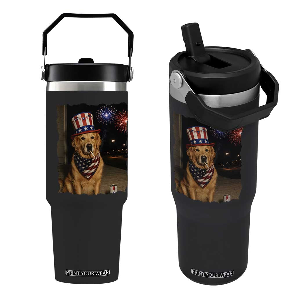 Patriotic Smoking Golden Retriever Flip Straw Tumbler Funny Dog Lover Dad 4th Of July TS14 One Size: 30 oz Black Print Your Wear