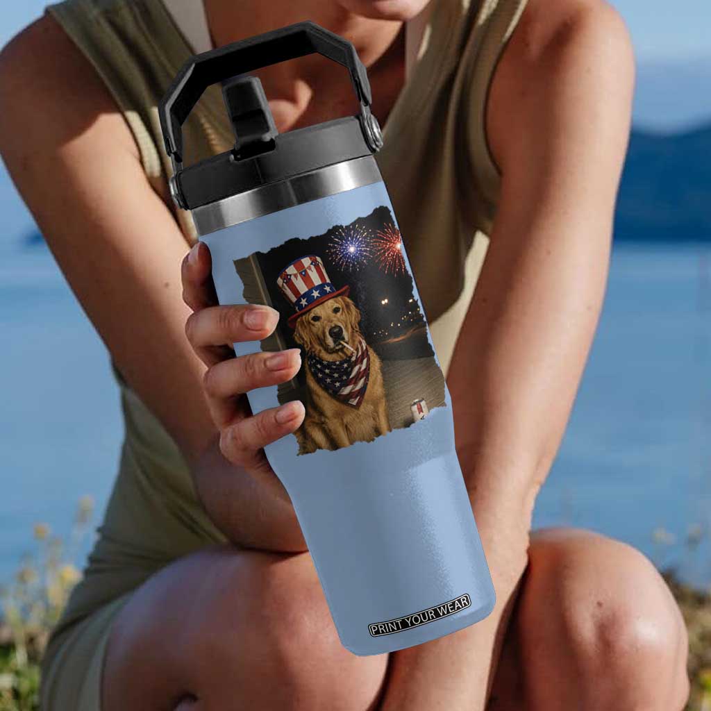 Patriotic Smoking Golden Retriever Flip Straw Tumbler Funny Dog Lover Dad 4th Of July TS14 One Size: 30 oz Light Blue Print Your Wear