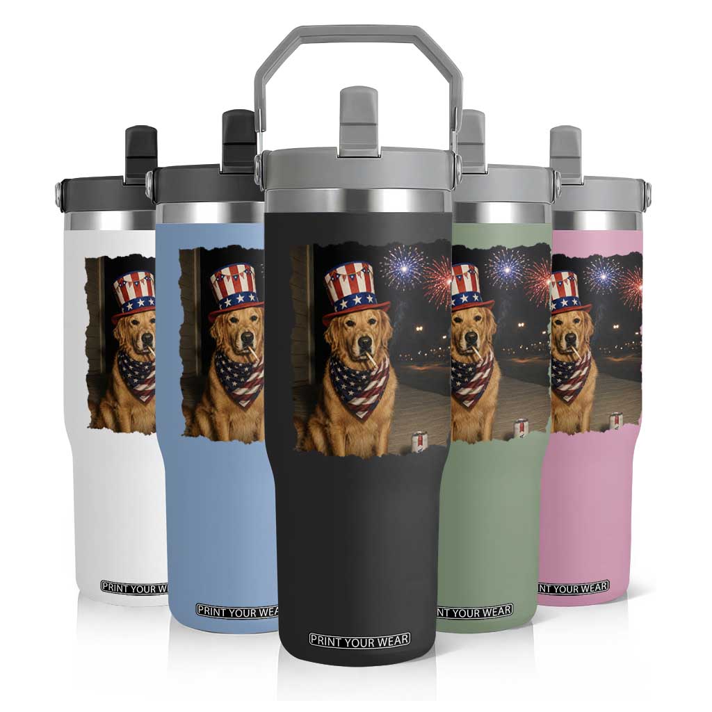 Patriotic Smoking Golden Retriever Flip Straw Tumbler Funny Dog Lover Dad 4th Of July TS14 Print Your Wear